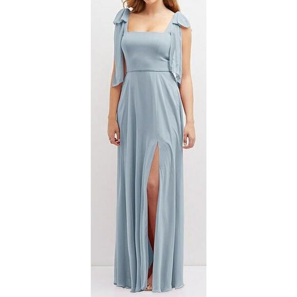 Dessy NWT SZ 4 Regular BOW SHOULDER SQUARE NECK CHIFFON‎ MAXI DRESS in Mist Blue - Picture 1 of 14